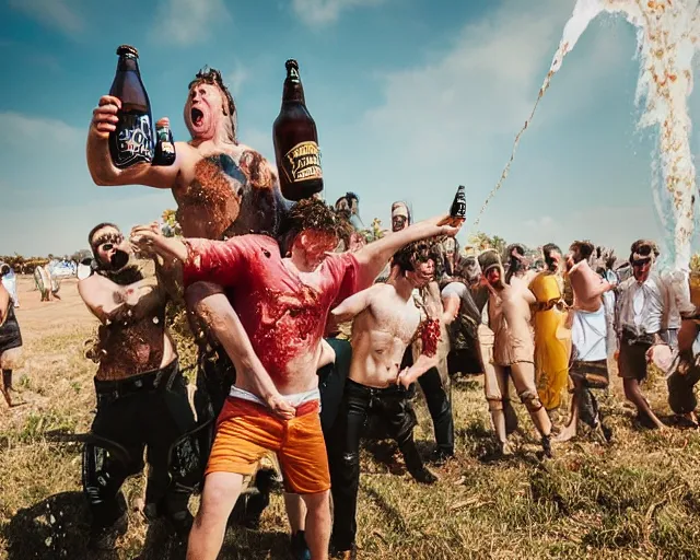 Prompt: incredible absurd surreal photoshoot advertisement for beer, people enjoying beer in the style of tim walker and by michael bay action movie, people pouring beer on top of each other, celebration of beer and alcohol, vsco film grain