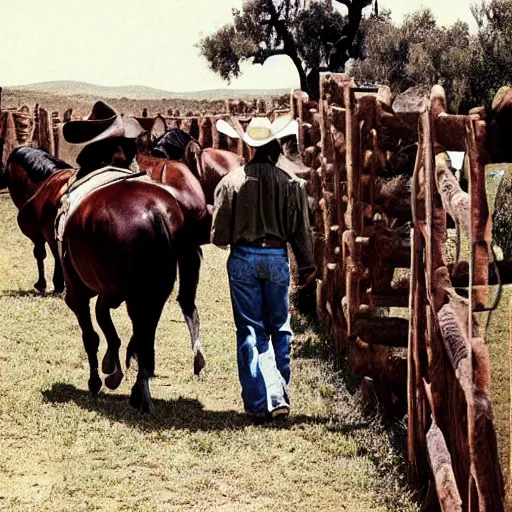 Prompt: Cowboy Christian Bale is leading the horses towards the ranch, 1980 style photography