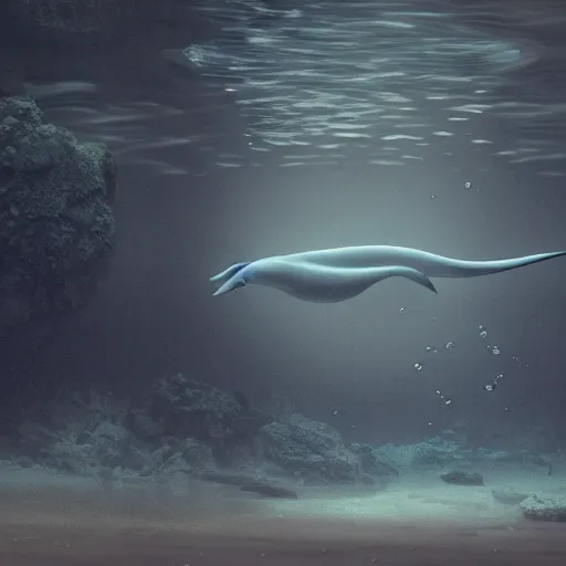 Image similar to a slender grey cat underwater swimming upwards. Depressing, dark, empty water, close up. Digital illustration, soft lighting, adventurous, atmospheric lighting, 8K, octane render. By Makoto Shinkai, Stanley Artgerm Lau, WLOP, Rossdraws, James Jean, Andrei Riabovitchev, Marc Simonetti, krenz cushart, Sakimichan, warrior cats fan art D&D trending on ArtStation, digital art.