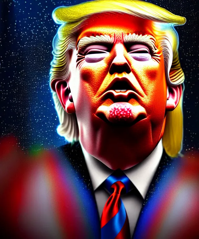 Image similar to hyperrealistic mixed media painting of Donald Trump as a crazy rock star, dimly lit arena, stunning 3d render inspired art by P. Craig Russell and Barry Windsor-Smith + perfect facial symmetry + dim volumetric lighting, 8k octane beautifully detailed render, post-processing, extremely hyperdetailed, intricate, epic composition, grim yet sparkling atmosphere, cinematic lighting + masterpiece, trending on artstation, very very detailed, masterpiece, stunning