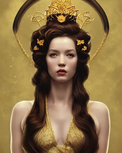 Image similar to a beautiful goldfish woman, pinup pose, long hair, tall and thin, wearing dozens of pendants and a gown of gold, small delicate crown of the sea on her head, illustration, symmetry accurate features, volumetric light clouds, ultra realist soft painting, (art nouveau), octane render, 8k, HD, by Tom Bagshaw, Brom, Charlie Bowater, faces by otto schmidt