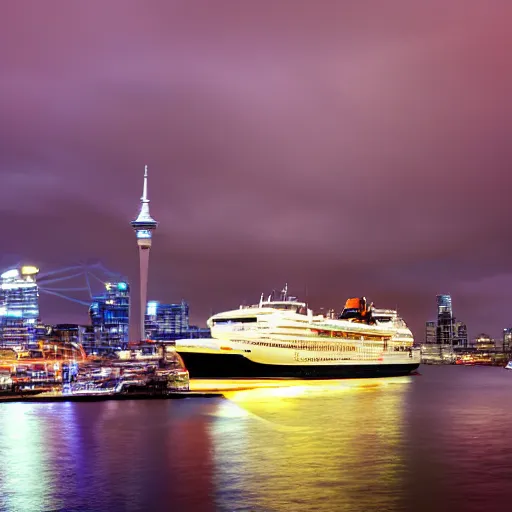 Image similar to fantasy ship sailing through auckland Harbor, futuristic neon