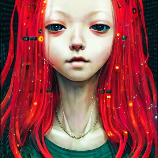 Image similar to a mannequin with a red hair and a smiley face, cyberpunk art by hikari shimoda, featured on cgsociety, pop surrealism, anime aesthetic, high detailed, detailed painting