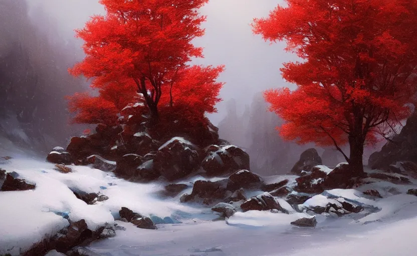 Image similar to A beautiful oil painting of a rocky valley covered in snow, trees with red leaves, thunderstorm in the sky, blue lighting, gloomy, atmospheric lighting, detailed, by greg rutkowski, trending on artstation