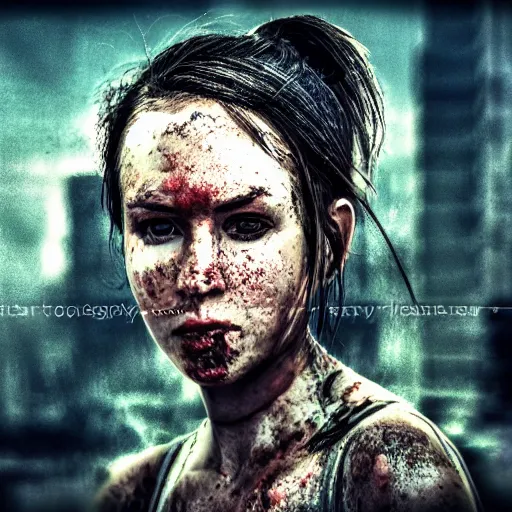 Image similar to pretty face, wide angle lens, photorealistic, 4k, background of destroyed city post apocalyptic, steakpunk, soft lighting, portrait, style of gigar, GIGAR, horror alien gigar