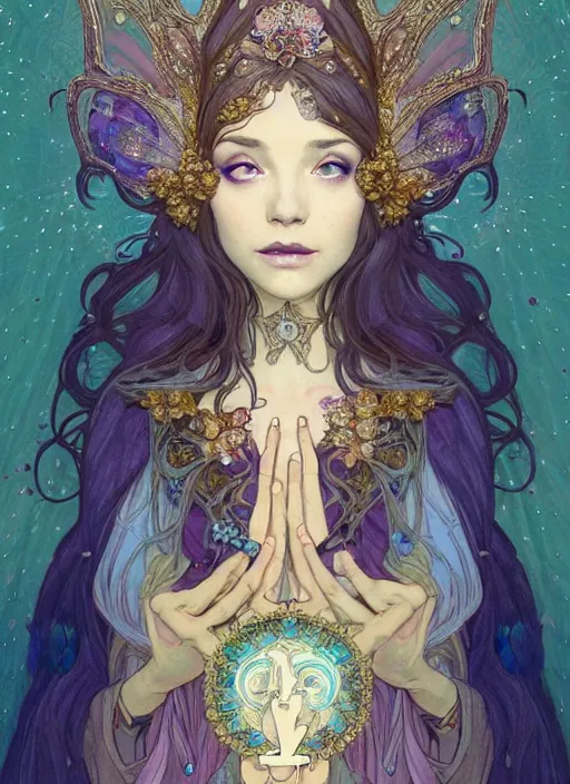 Image similar to portrait of jeanpierrepernauttv, cloak, royally decorated crystal gemstones, symmetrical face, art nouveau, portrait, cute, fairy, by mai yoneyama, kelly mckernan, greg rutkowski, alphonse mucha, detailed background, artstation, intricate, elegant, highly detailed, colorful, maximalist