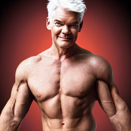 Prompt: Phillip schofield with the physique of a body builder, realistic, highly detailed, 4k, eye contact, digital painting,