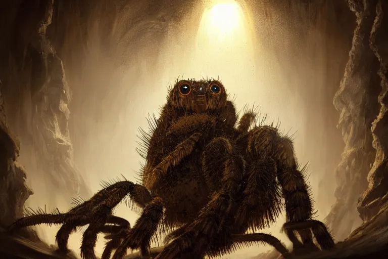 Prompt: a close - up view of a monstrous tarantula in a dark foreboding tunnel, with a lone explorer with a lamp, with cobwebs, in the style of peter mohrbacher, dramatic lighting, atmospheric, low angle, wide angle, hyper - realistic, concept art, highly detailed digital painting, trending on artstation