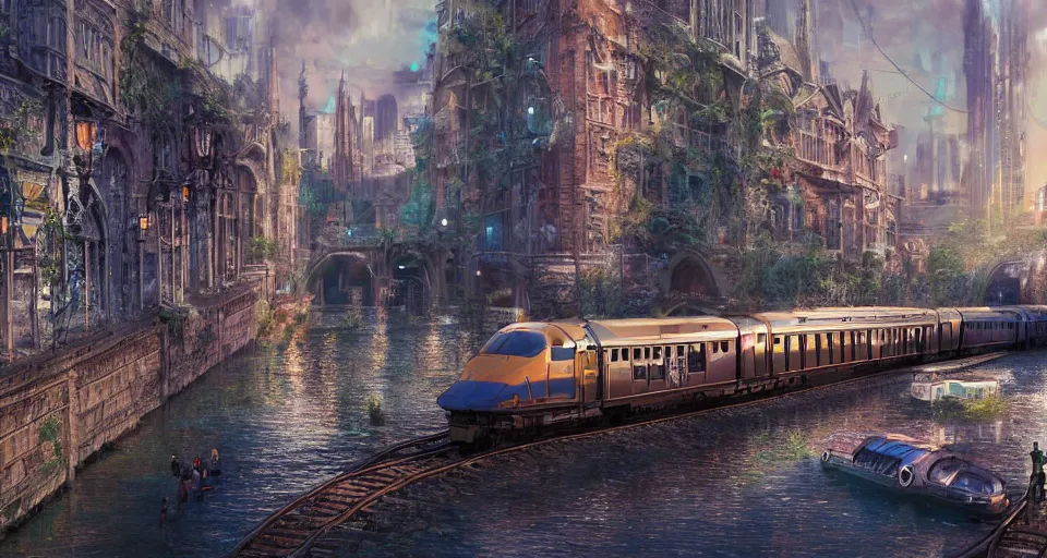 Image similar to An urban train rides inside of a waterway on a fantasy city, next to a fountain and a mystical palace,, hyperdetailed, artstation, cgsociety, golden hour 8k