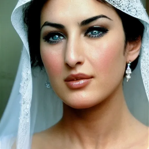 Image similar to young arab Monica Bellucci, blue eyes, white veil, closeup, focus, light makeup
