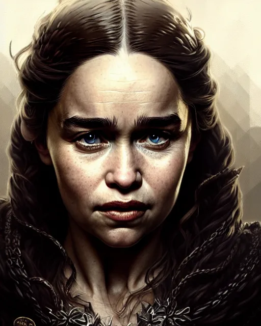 Image similar to emilia clarke, character portrait, portrait, close up, concept art, intricate details, highly detailed by greg rutkowski, michael whelan and gustave dore