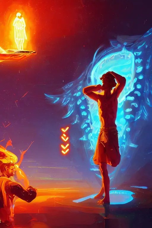 Image similar to the god hermes handing a man a computer on fire, the fire is made of binary code, digital painting bioluminance alena aenami artworks in 4 k design by lois van baarle by sung choi by john kirby artgerm style pascal blanche and magali villeneuve