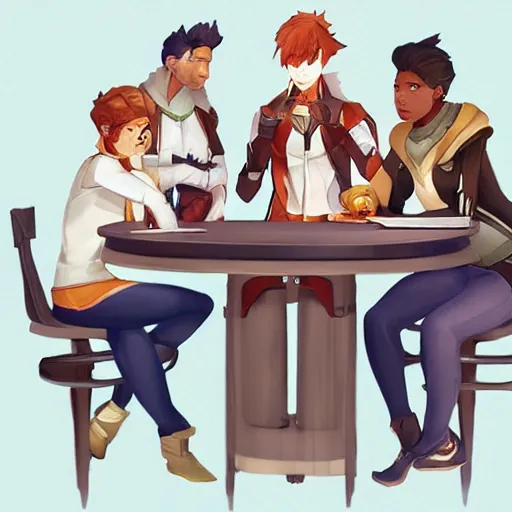 Prompt: Three students talking at a table artwork by Overwatch Art Team