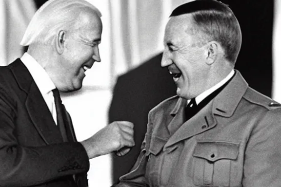 Image similar to “ very very intricate photorealistic photo of hitler and joe biden laughing together, detailed natural lighting, award - winning crisp details ”