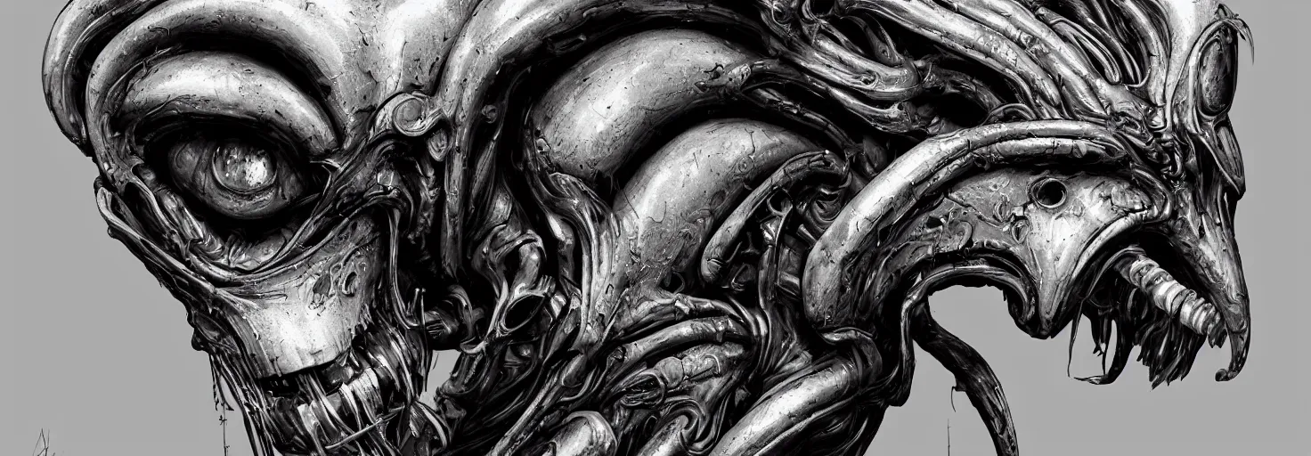 Image similar to engineer prometheus face by Artgerm, xenomorph alien, highly detailed, symmetrical long head, blood color, smooth marble surfaces, detailed ink illustration, raiden metal gear, cinematic smooth stone, deep aesthetic, concept art, post process, 4k, carved marble texture and silk cloth, latex skin, highly ornate intricate details, prometheus, evil, moody lighting, hr geiger, hayao miyazaki, indsutrial Steampunk