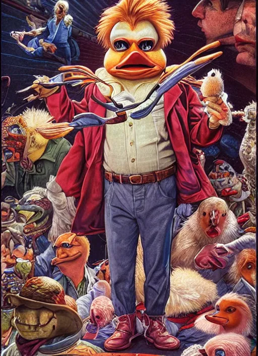 Image similar to portrait of Howard The Duck (1986) in Society (1989), highly detailed, centered, solid color background, digital painting, artstation, concept art, smooth, sharp focus, illustration, artgerm, donato giancola, Joseph Christian Leyendecker, Les Edwards, Ed Repka, WLOP, Artgerm