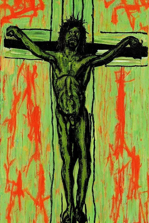 Image similar to green jesus christ crucified painted by cy twombly and basquiat