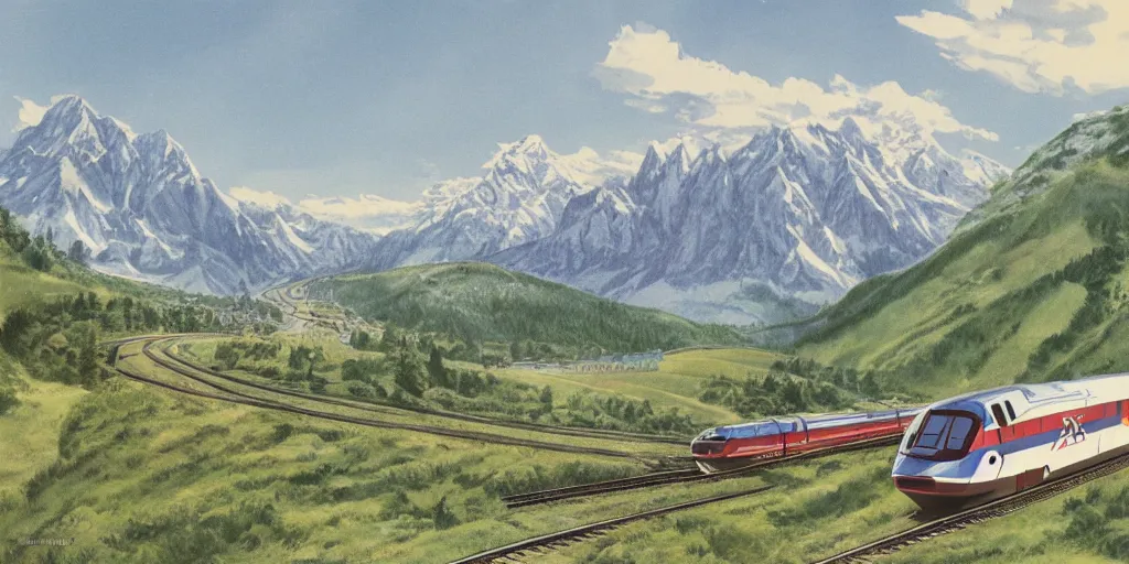 Image similar to concept art of a tgv speeding through an alpine valley, 1 9 8 0 s illustration, matte pale coloring, beautiful weather