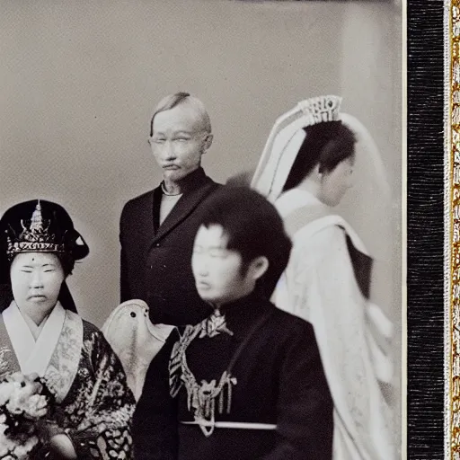 Prompt: An extreme closeup shot, colored black and white Russian and Japanese mix historical fantasy photographic portrait of a Royal wedding of the empress and emperor curtsying to the Priestess and Priest, golden hour, warm lighting, 1907 photo from the official wedding photographer for the royal wedding.