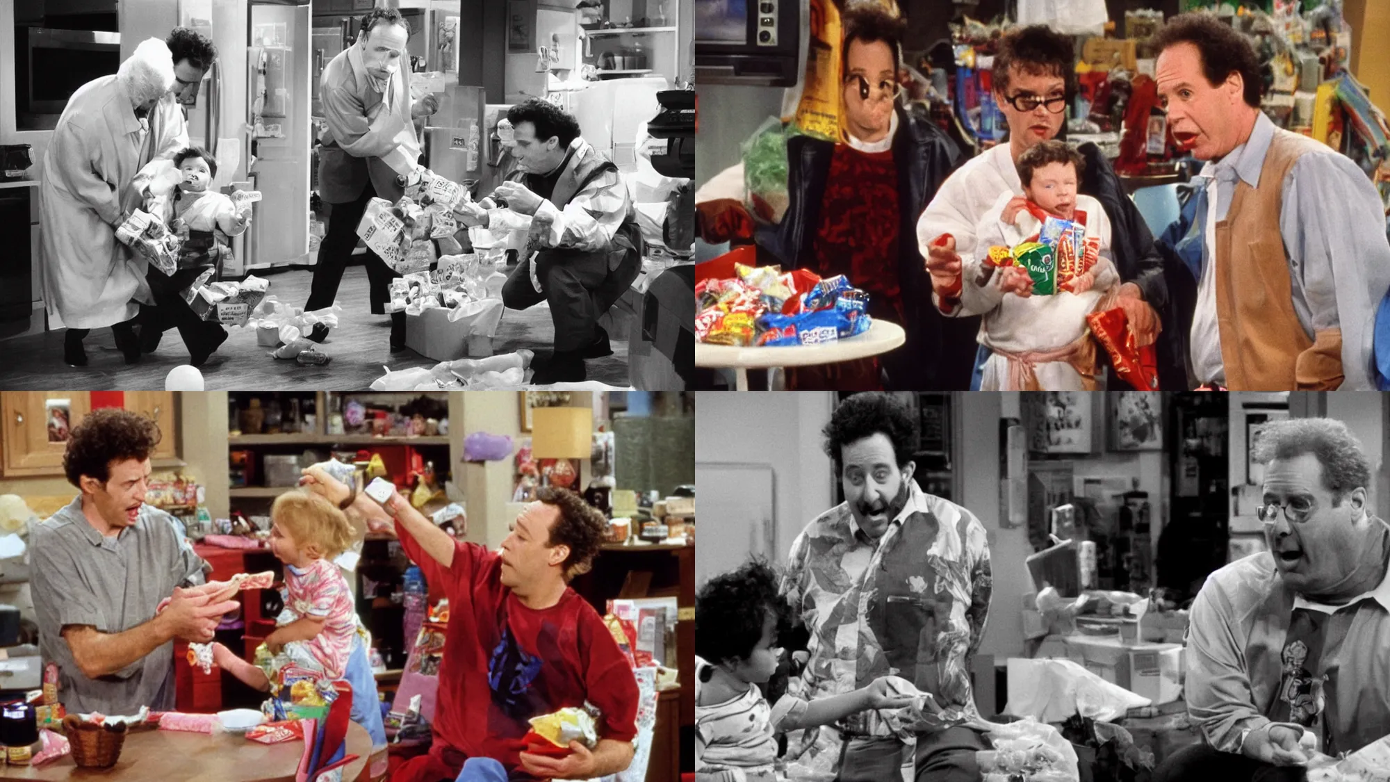 Prompt: “Stu Chermack from Seinfeld steals some candy from a baby, Television stills, television series. 4k image.”