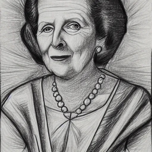 Image similar to a detailed drawing of margaret thatcher in the style of leonardo davinci, sketch, pencil drawing, anatomically correct