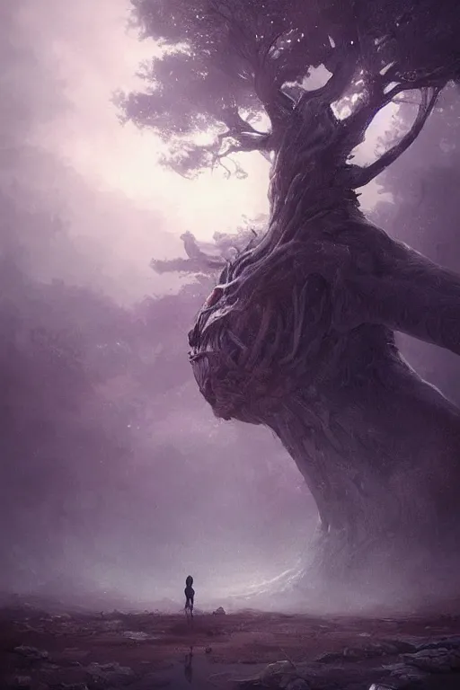 Prompt: a beautiful terrifying tree monster looms over a tiny human. epic dawn, ethereal fantasy art by greg rutkowski