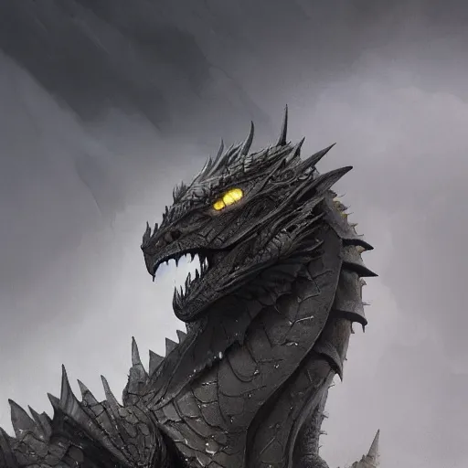 Prompt: grey dragon close up by greg rutkowski, drark, marvel comics, dark, plutus su and chris scalf and lucas graciano and billy christian, symmetrical, mountains, grey and gold color palette, painting, d & d, fantasy, detailed, realistic, complimentary colors, light, artstation, cinematic, dramatic lighting, close up, storm clouds, hudson river school