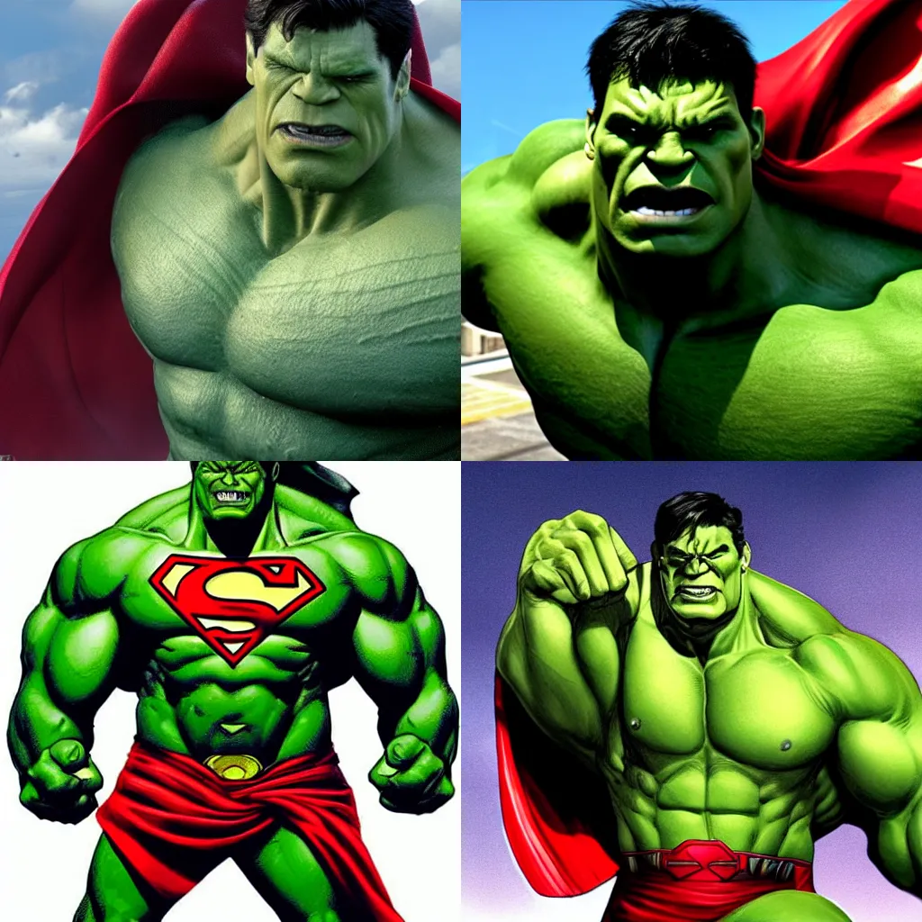 Prompt: photorealistic hulk wearing superman*s uniform
