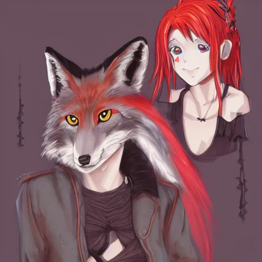 Prompt: fox girl and coyote man goth anime by wlop