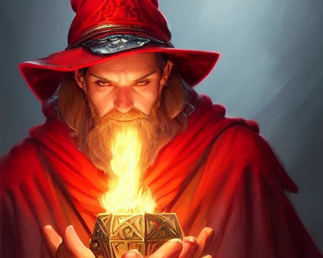 Image similar to red hat wizard, holding a torch, deep focus, d & d, fantasy, intricate, elegant, highly detailed, digital painting, artstation, concept art, matte, sharp focus, illustration, hearthstone, art by artgerm and greg rutkowski and alphonse mucha