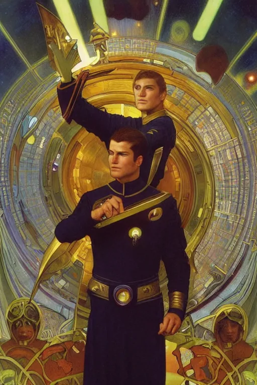 Image similar to An Epic Tarot Card of Captain James Kirk commanding the starship enterprise, amazing colour harmony and variation, simple background, by Donato Giancola, William Bouguereau, John Williams Waterhouse and Alphonse Mucha