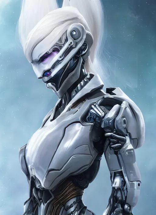 Image similar to photo of a cyborg girl on a space ship, warframe armor, white hair, pretty face, scifi, professionally color graded, interesting angle, sharp focus, 8 k high definition, insanely detailed, intricate, innocent, art by stanley lau and artgerm