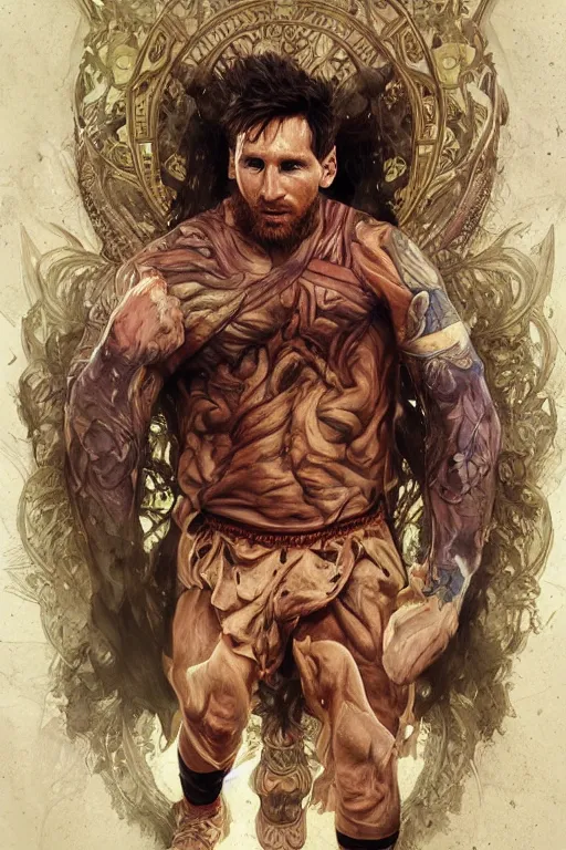 Prompt: portrait of lionel messi as a hulking herculean demon, forest, godlike, full body, fantasy, intricate, elegant, highly detailed, digital painting, artstation, concept art, sharp focus, illustration, art by artgerm and greg rutkowski and alphonse mucha