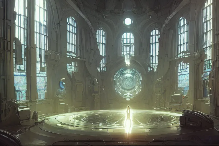 Image similar to a cybernetic room, scifi religious giant window, symmetrical, center punched, Archviz, elegant, intricate, digital painting, artstation, concept art, smooth, sharp focus, illustration, art by artgerm and greg rutkowski and alphonse mucha