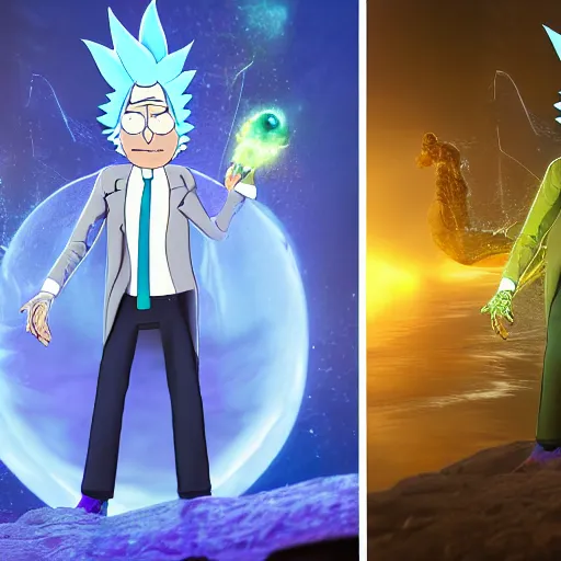 Image similar to full body pose, hyperrealistic photograph of rick sanchez from rick and morty, dim volumetric lighting, 8 k, octane beautifully detailed render, extremely hyper detailed, intricate, epic composition, cinematic lighting, masterpiece, trending on artstation, very very detailed, stunning, hdr, smooth, sharp focus, high resolution, award, winning photo, dslr, 5 0 mm