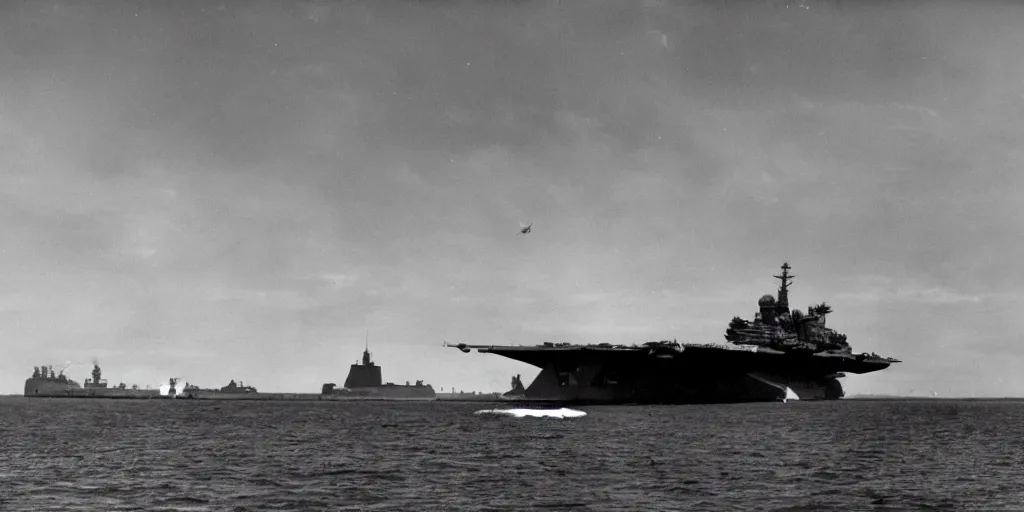 Image similar to a black monolith floats in the sky. aircraft carrier in background. 1 9 5 0, archive photo