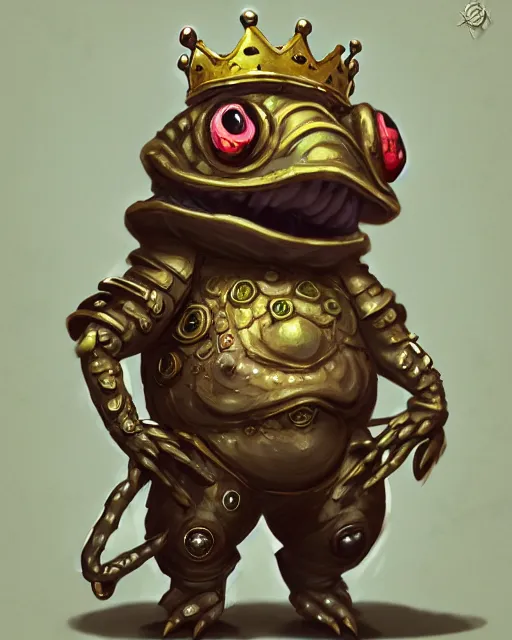 Image similar to a slimy anthropomorphic toad king wearing ornate steampunk armor, smooth, intricate, elegant, digital painting, artstation, steam, grungy steel, concept art, sharp focus, octane render, illustration, art by riot studios, overwatch character,