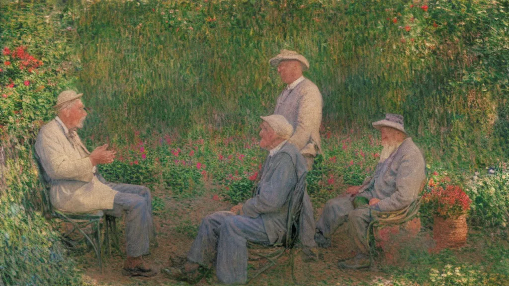 Image similar to technicolor film still of an old man talking to a young one in monet's garden, photorealistic