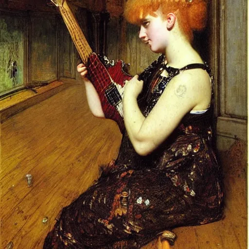 Prompt: Blonde punk girl playing electric guitar, oil painting by Lawrence Alma-Tadema, masterpiece