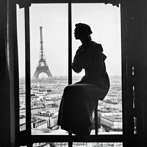 Prompt: a young edwardian woman sits in a window overlooking paris with the eiffel tower visible in the background, the moon is behind the eiffel tower