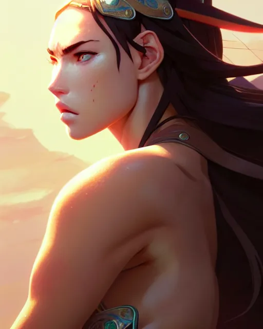 Image similar to azctec warrior, megan fox, detailed perfect face, exquisite details, fire magic, mid view, design on a white background, by studio muti, greg rutkowski makoto shinkai takashi takeuchi studio ghibli