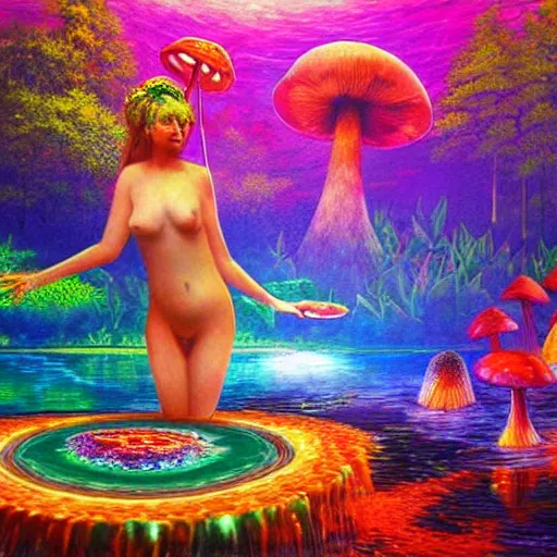 Prompt: goddess of mushrooms bathing in the glowing lake, fantasy painting, extremely psychedelic