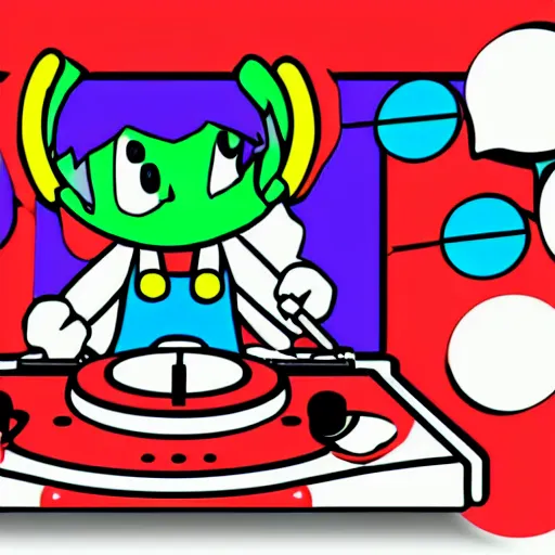 Image similar to svg sticker of a Pop-Wonder SuperMario, Mario-Wearing-a-red-hat, at a rave, spinning records, giant headphones rocking out, wearing headphones, huge speakers, dancing, rave, DJ, spinning records, digital art, amazing composition, rule-of-thirds, award-winning, trending on artstation, featured on deviantart