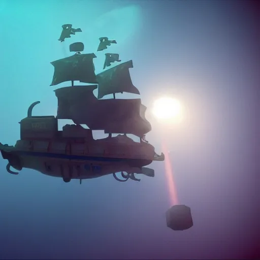 Image similar to pirate spaceship!!! flying underwater!! fog, volumetric light, terry gilliam!!!! style