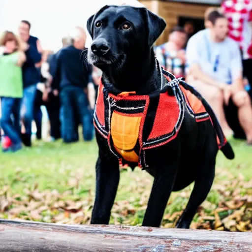 Prompt: a black Labrador in lederhosen at Octoberfest