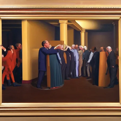 Prompt: oil painting by george tooker of a satirical presidential run