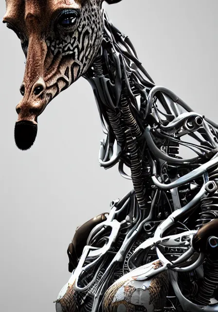 Image similar to complex 3 d render hyper detail portrait of a mechanical giraffe cyborg, sci fi, full body, intricate, art by kazuhiko nakamura and hajime sorayama, 8 k octane detailed render, post - processing, extremely hyperdetailed, intricate futuristic mechanic parts, maya, dark background, sharp focus, blender, cinematic lighting + masterpiece, trending on artstation