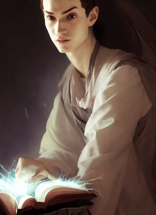 Image similar to character concept portrait of an attractive young focused Spanish wizard with pale red skin enchanting a power spell, a floating iridescent spell book in the center, intricate, elegant, digital painting, concept art, smooth, sharp focus, illustration, from Metal Gear, by Ruan Jia and Mandy Jurgens and William-Adolphe Bouguereau, Artgerm