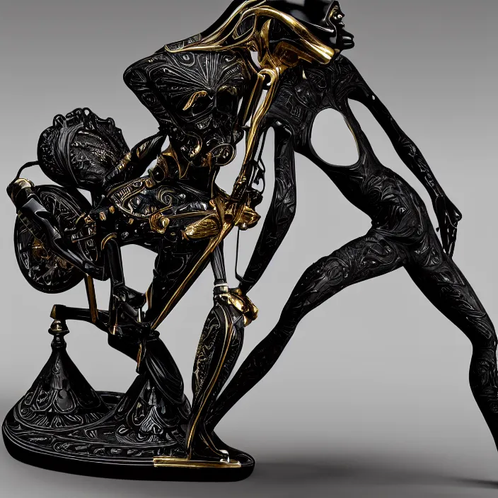 Prompt: fine art statue of black egyptian man on a surrealist motorbike, ebony art deco, carved black marble, inlaid with ebony and gold accents, ebony rococo, wings black lace wear, spider zero, zaha hadid, beautifully lit, hyper detailed, intricate, elite, ornate, photorealistic, micro details, 3 d sculpture, ray trace