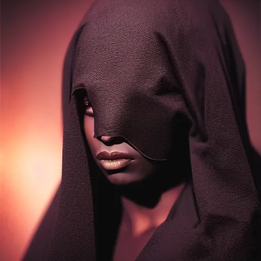 Image similar to a portrait of a young black woman wearing a long dark cloak, hood and shadows covering face, anatomically correct, beautiful perfect face, enigmatic, oil painting, matte painting, black background, Volumetric dynamic lighting, Highly Detailed, Cinematic Lighting, Unreal Engine, 8k, HD, by Beksinski